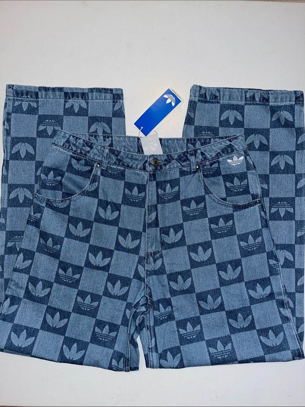 adidas Monogram Jeans Mens 34 All Over Print Denim Pants logo blue NWT $100